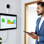 **Prompt:** A professional individual in modest business casual attire, standing in a brightly lit, modern smart home. They are holding a sleek tablet displaying an energy monitoring dashboard, with various smart home devices (like a minimalist smart thermostat and an energy-efficient lamp) visible in the background. The scene emphasizes seamless technology integration and energy awareness. This image represents individual control over energy consumption. Perfect anatomy, correct proportions, natural pose, well-formed hands, proper finger count, natural body proportions, fully clothed, appropriate attire, safe for work, professional, high quality, studio lighting.